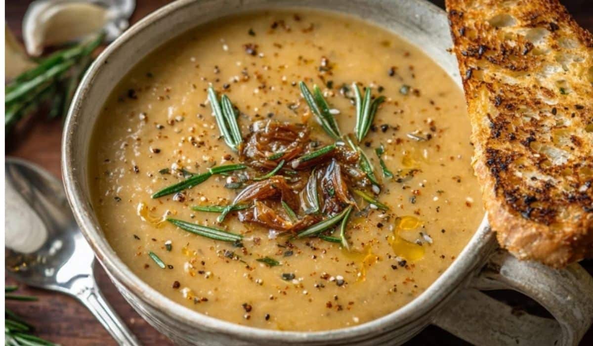 Rosemary Roasted Garlic Bean Soup served in rustic bowl with herbs