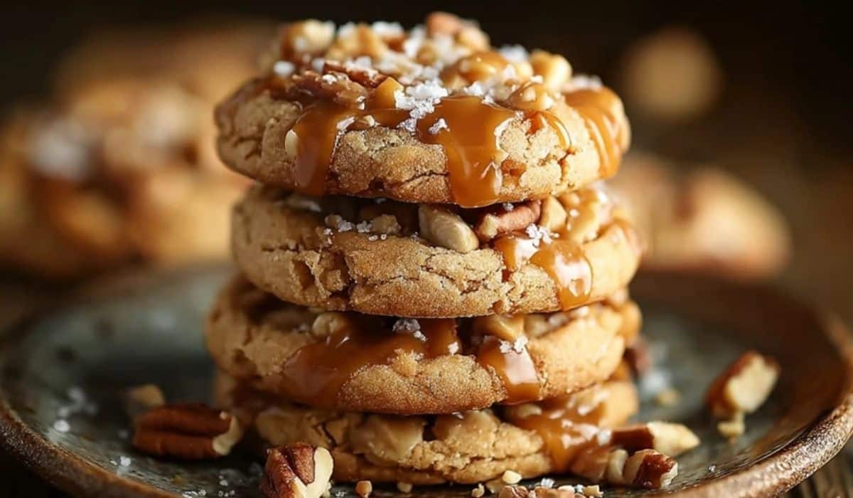 Salted Caramel Crunch Cookies stacked on a plate