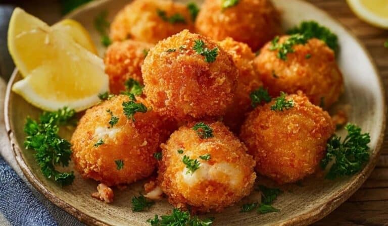Crispy shrimp balls served on a rustic plate with lemon wedges