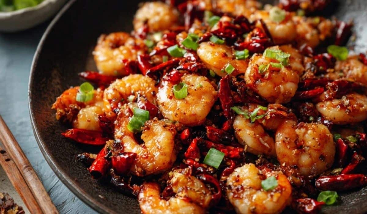 Sichuan Shrimp Stir Fry served hot in a wok