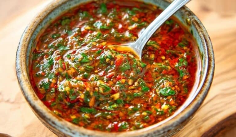 Smoky Red Chimichurri Sauce served in rustic bowl