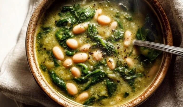 Spinach And White Bean Soup served in a rustic ceramic bowl
