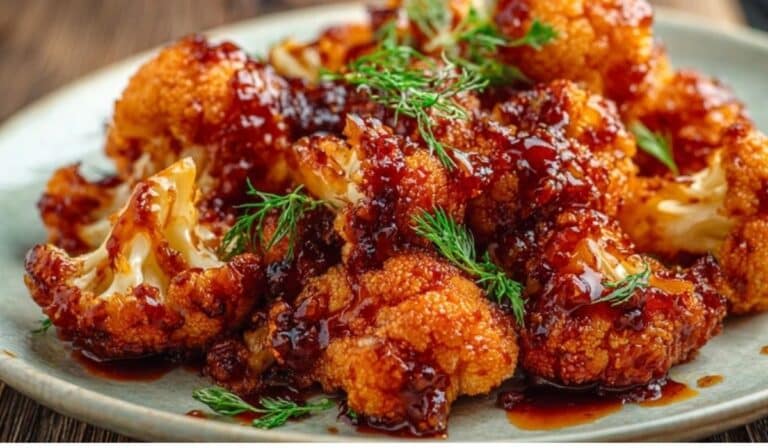 Sweet and Spicy Baked Cauliflower served on rustic plate