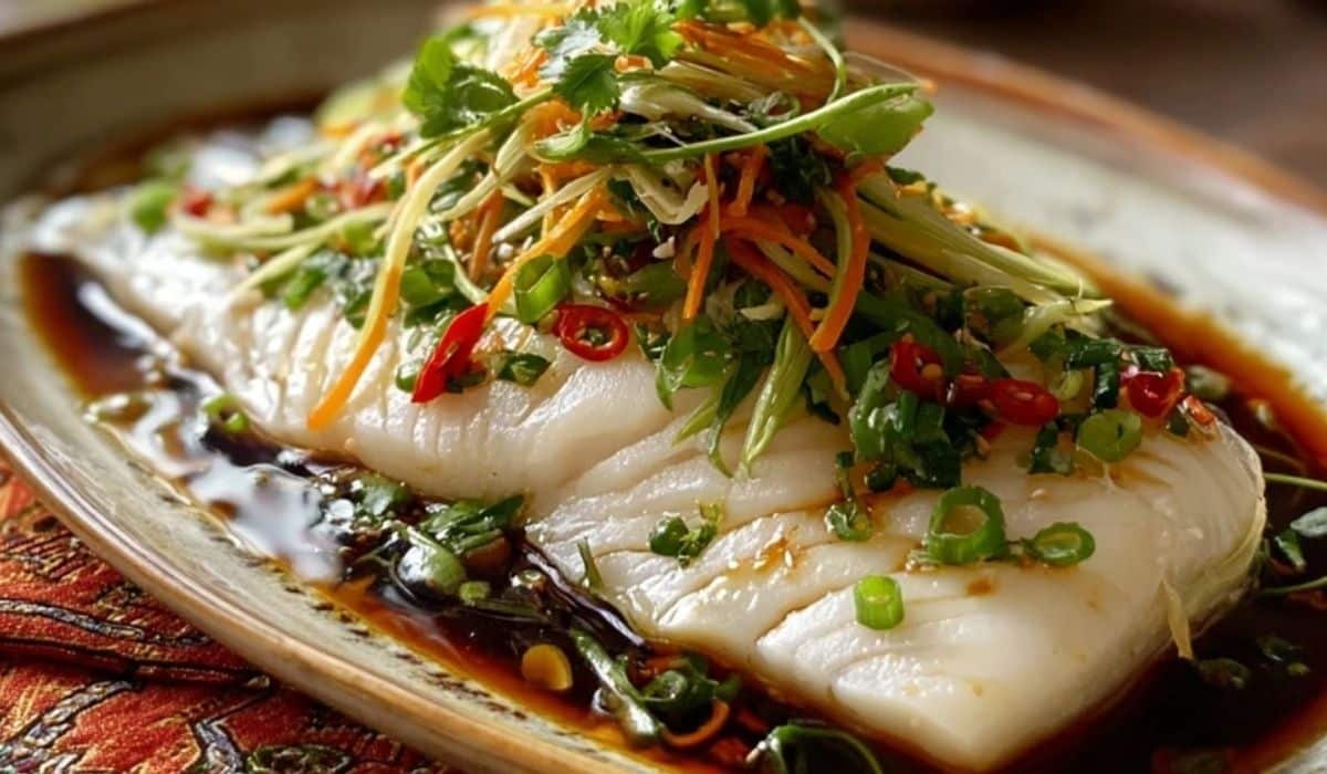 The Best Easy Ginger Soy Steamed Fish on white ceramic platter