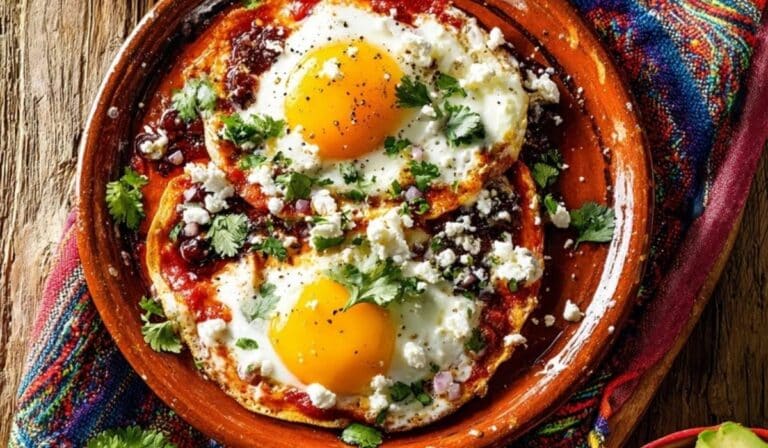 The Best Huevos Rancheros served on a rustic plate with vibrant toppings