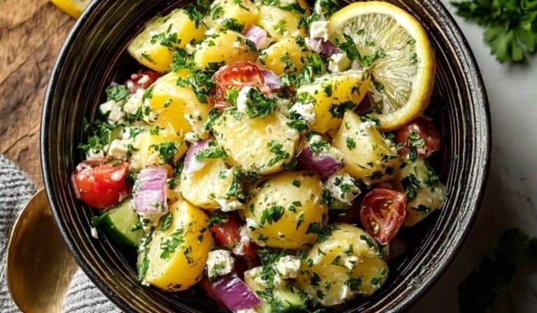 Turkish Potato Salad in rustic bowl garnished with parsley and lemon