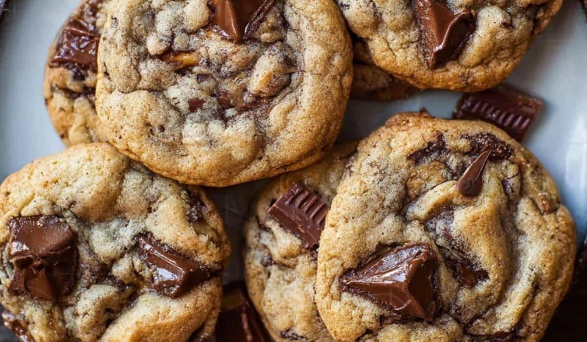 Ultimate Chocolate Chip Cookies with Browned Butter and Toffee served on a rustic plate