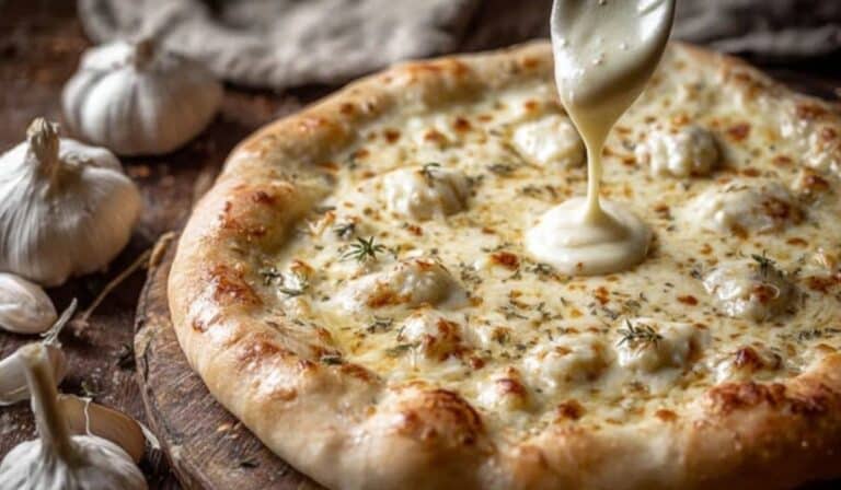 White Garlic Pizza Sauce on rustic pizza from top view