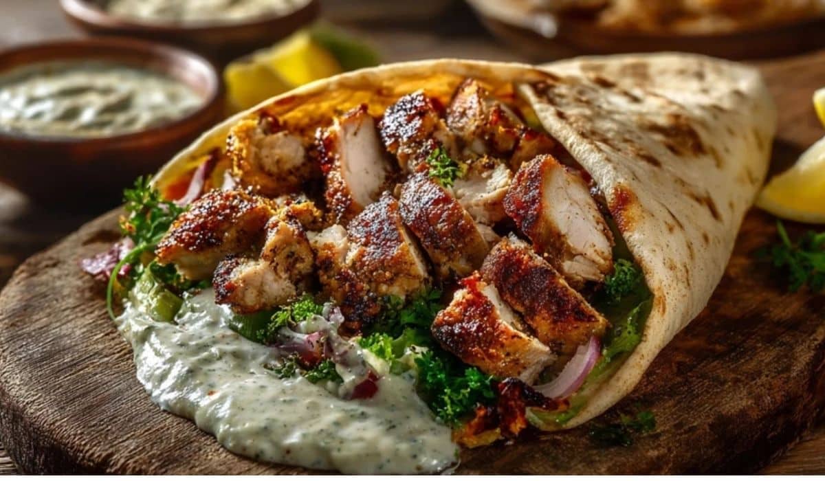 Chicken Shawarma with Garlic Sauce served on rustic plate