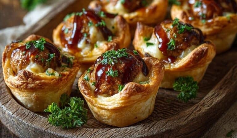 Hand holding a gooey BBQ Meatball Crescent Cup with cheese pull