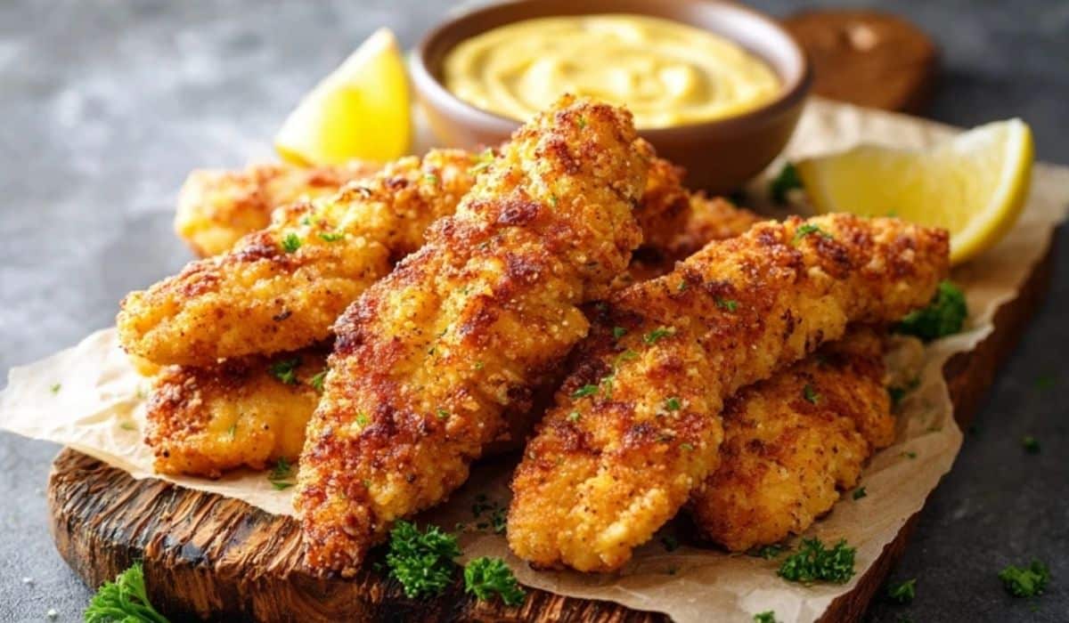 Buttermilk Chicken Tenders served on rustic wooden board