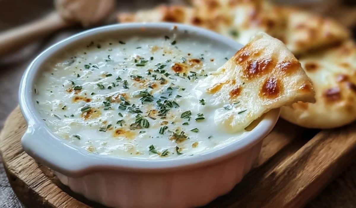 Garlic sauce for pizza in a dipping bowl with crust