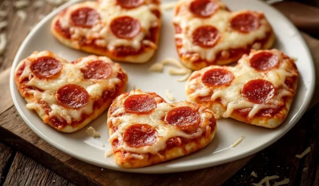 Mini Heart-Shaped Pizzas on white plate