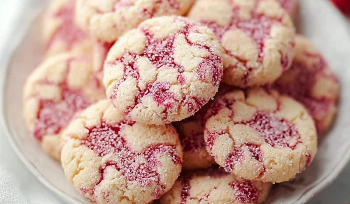 Raspberry Sugar Cookies served on a wooden plate