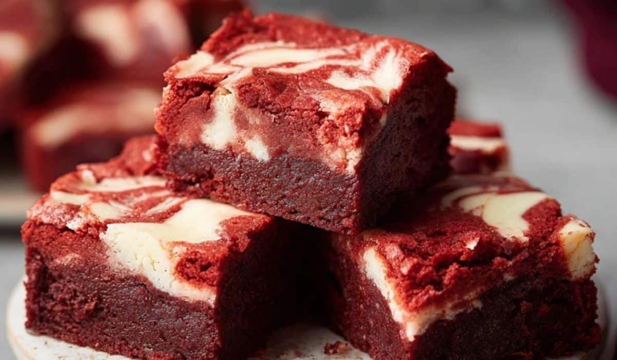 Red Velvet Brownies on a ceramic plate top view