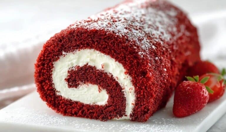 Red Velvet Cake Roll on marble plate with cream swirl