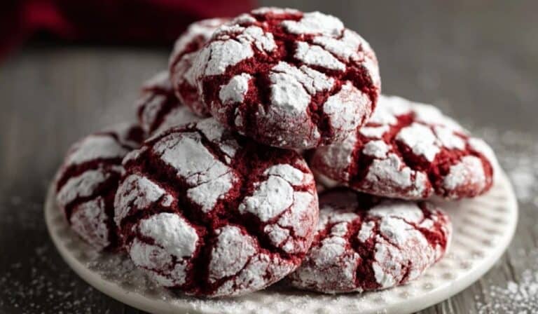 Red Velvet Crinkle Cookies overhead on white ceramic plate