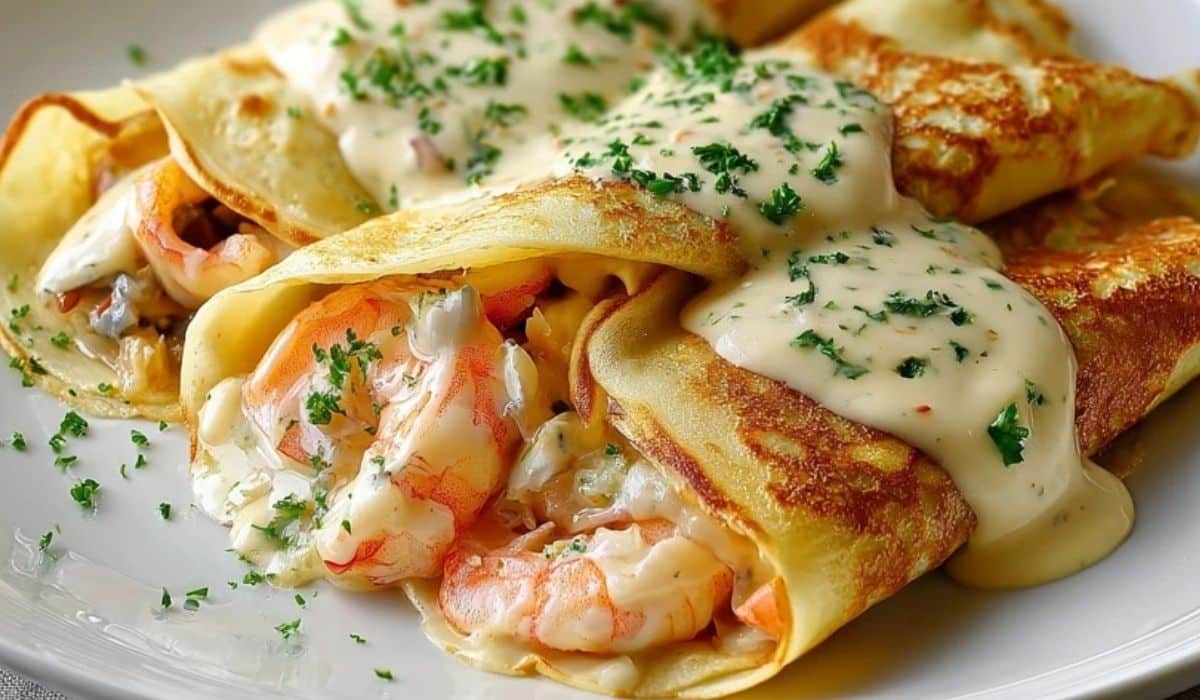 Seafood Crepes with Béchamel beautifully plated on white dish