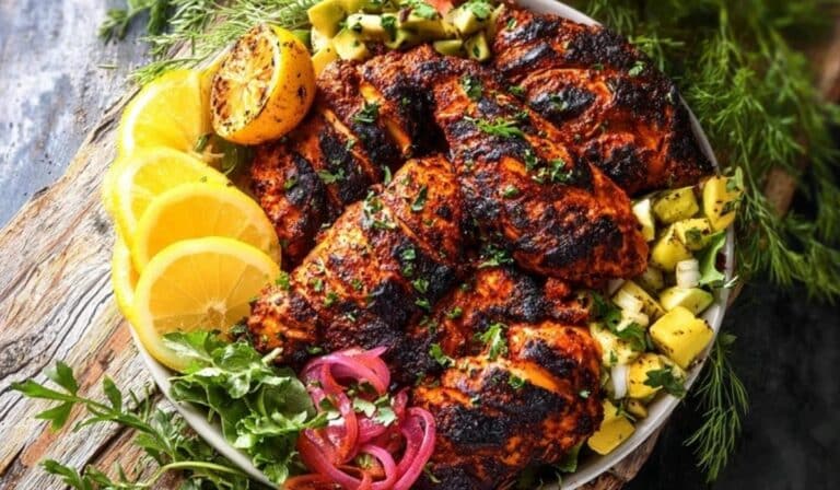 Harissa Chicken served with lemon wedges on rustic plate
