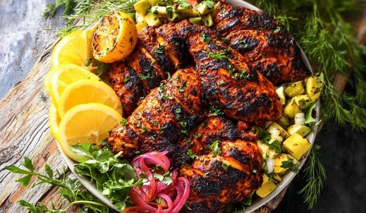 Harissa Chicken served with lemon wedges on rustic plate