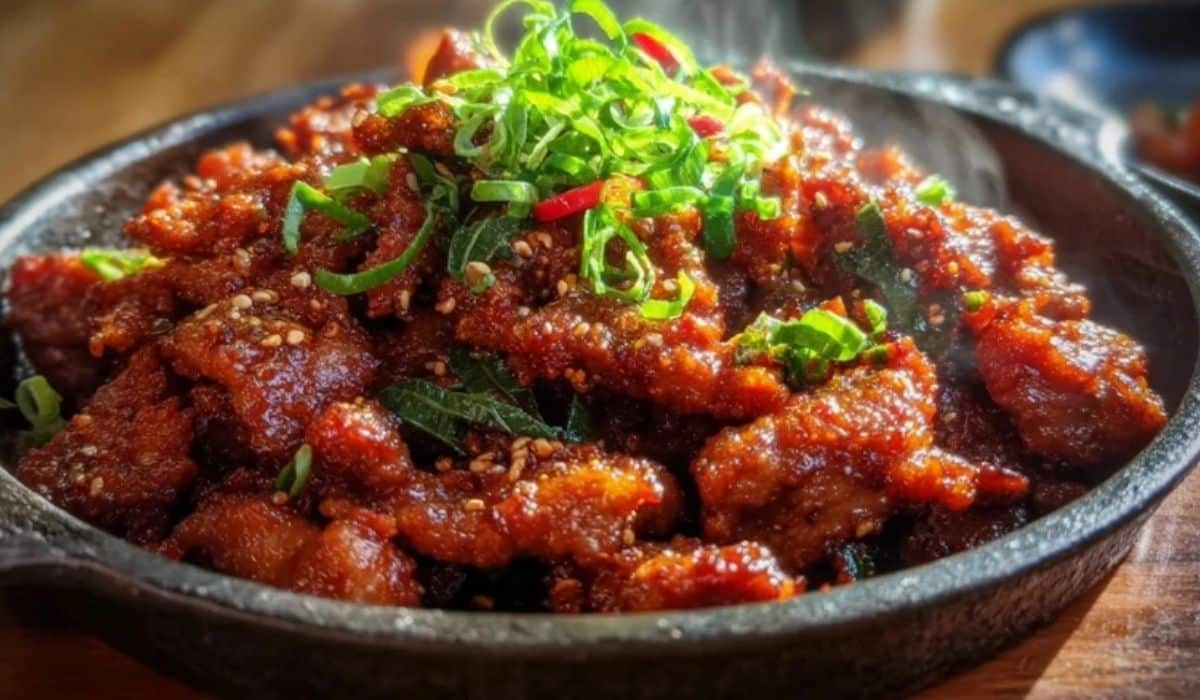 Korean Spicy Pork Bulgogi served on cast iron skillet