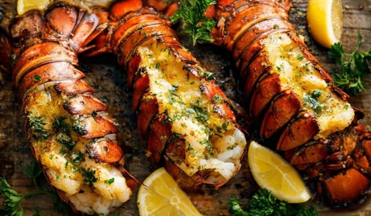 Lobster Tail Recipe served as broiled garlic butter lobster tails with lemon and parsley