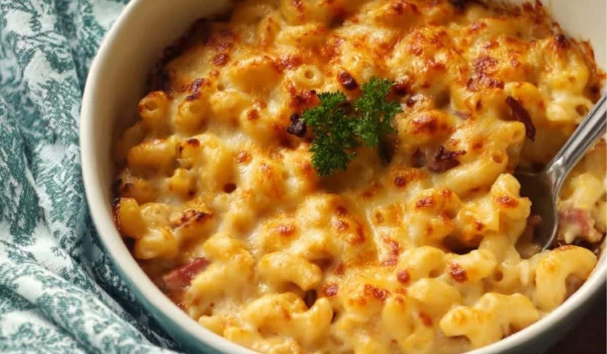 Meatless Italian Macaroni Bake in a white baking dish with golden bubbly cheese