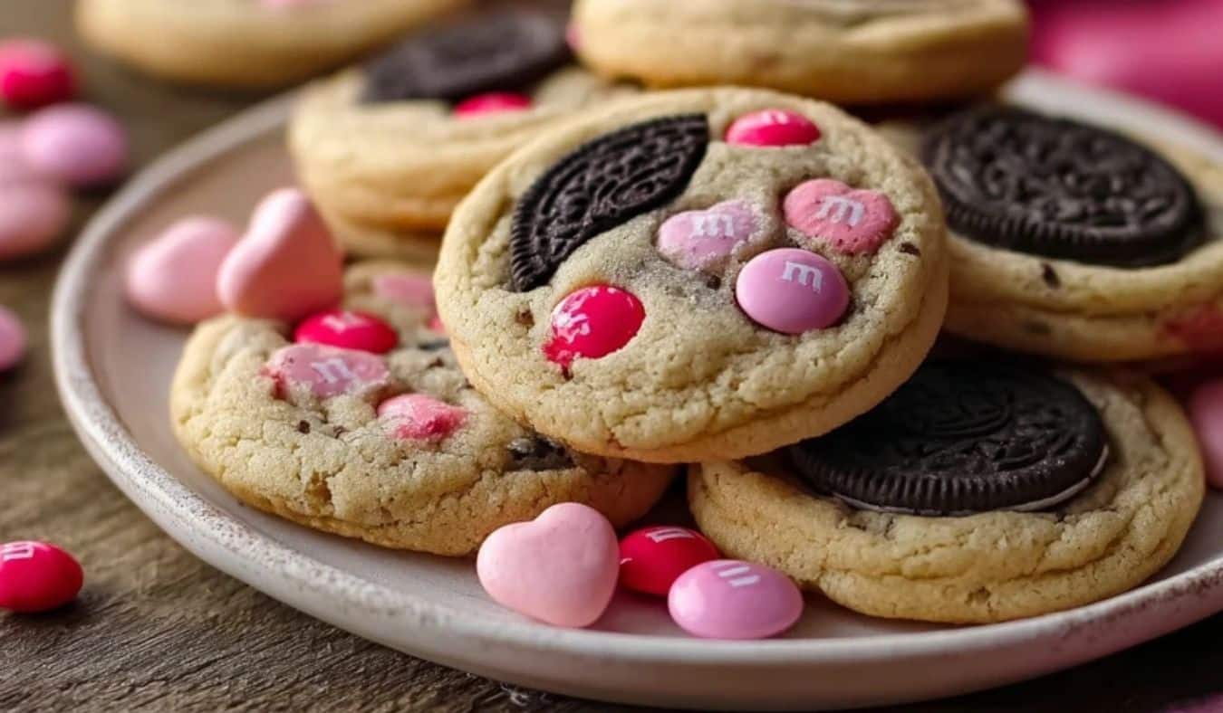 Valentine's Day M&M Oreo Cookies served on a white plate with pink and red tones