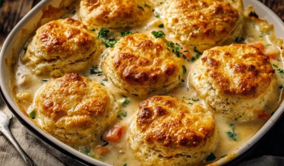 Red Lobster biscuit chicken pot pie recipe baked with golden Cheddar Bay biscuits