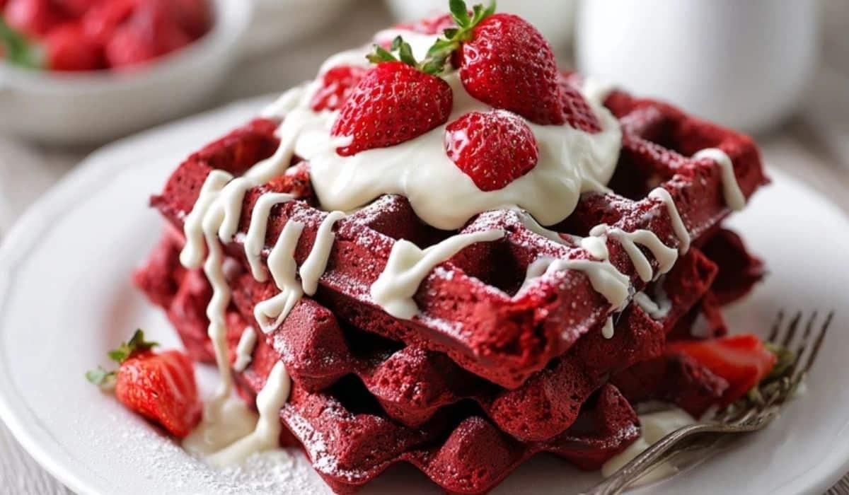 Red velvet waffles stacked with cream cheese glaze and berries for Valentine breakfast