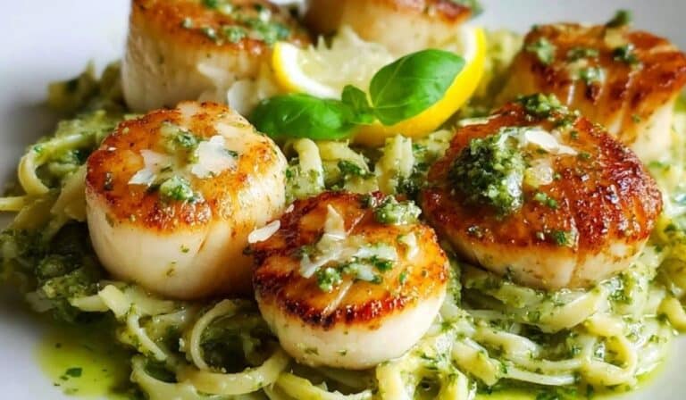 Scallops With Creamy Pesto served over pasta in a white bowl