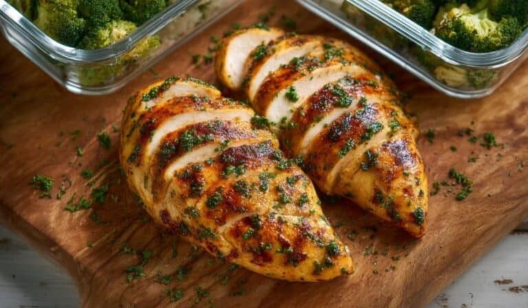 : Juicy baked chicken breast packed into easy meal prep containers