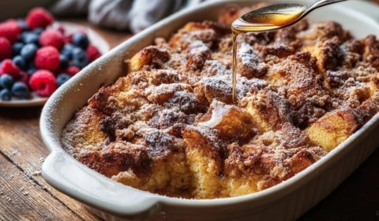 Baked French toast casserole in a white baking dish with streusel and berries