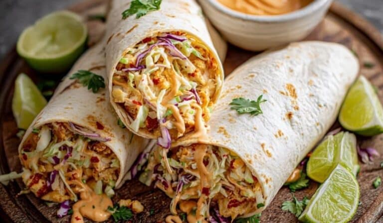 Bang bang chicken wraps on wooden board with slaw and sauce