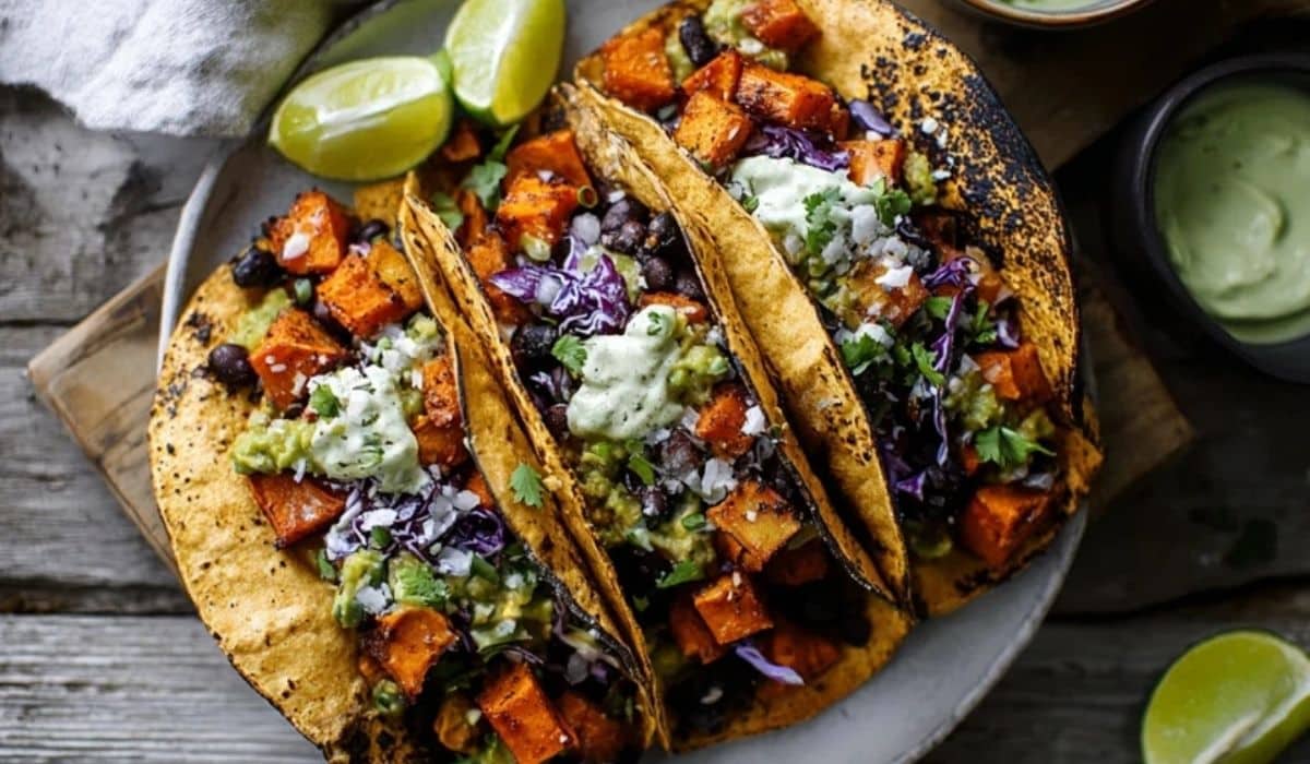 Overhead platter of black bean and sweet potato tacos with avocado, cabbage, and lime wedges.