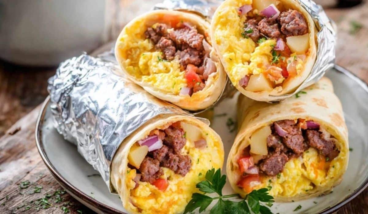 Sliced breakfast burrito meal prep with foil-wrapped burritos on a rustic plate