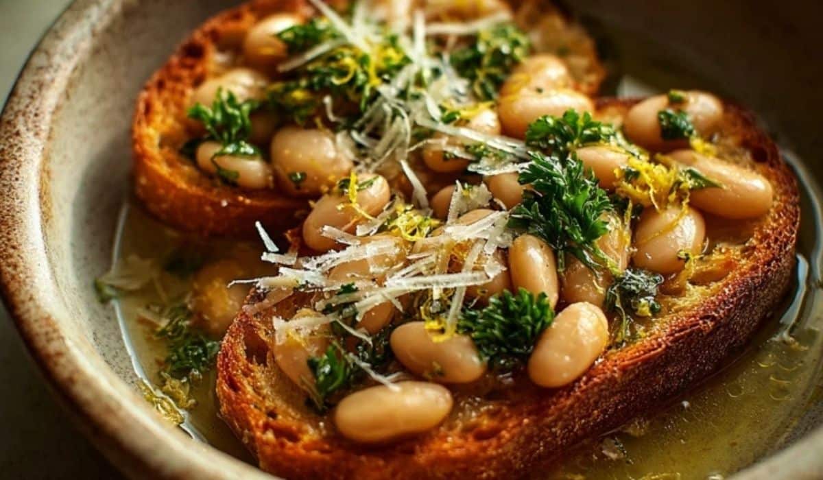 Brothy white beans on toast in a rustic bowl with herbs and sourdough