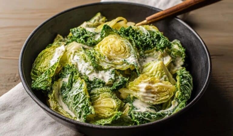 Butter-Braised Cabbage with Garlic Cream in a cast-iron skillet on a rustic table