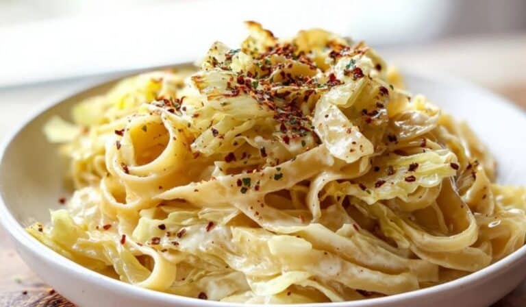 Butter cabbage fettuccine with garlic in a white bowl with parmesan