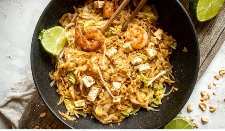 Skillet of cabbage pad thai noodle substitute with peanuts and lime