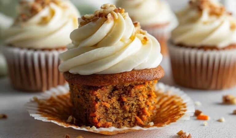 Carrot cake cupcakes with frosting on a cake stand topped with piped cream cheese swirls and chopped nuts.