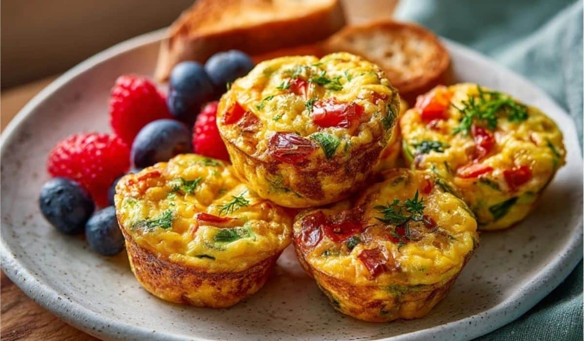 Cheesy egg muffins with veggies stacked on a plate for breakfast