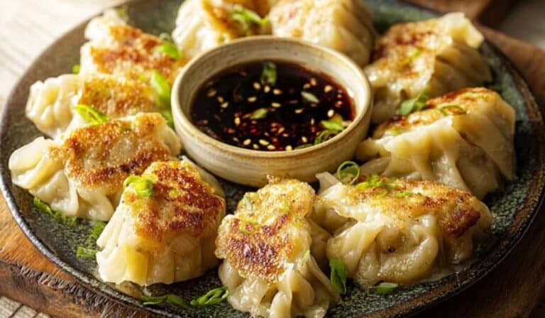 Chicken and cabbage dumplings with crisp golden bottoms on a plate