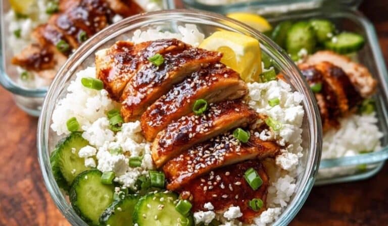 Chicken and rice meal prep bowls with broccoli, cucumber, and lemon in glass containers