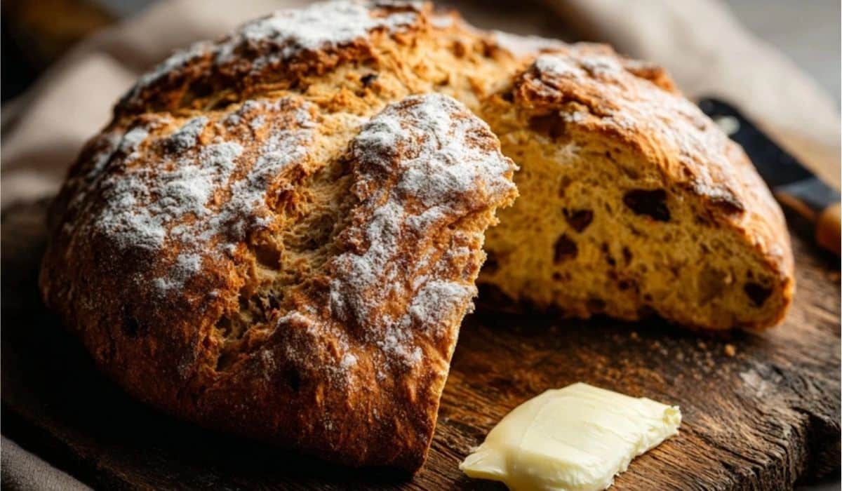 Classic Irish soda bread loaf with golden crust and tender crumb on a wooden board