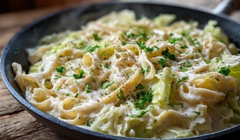 Creamy cabbage alfredos in a skillet with Parmesan, parsley, and black pepper