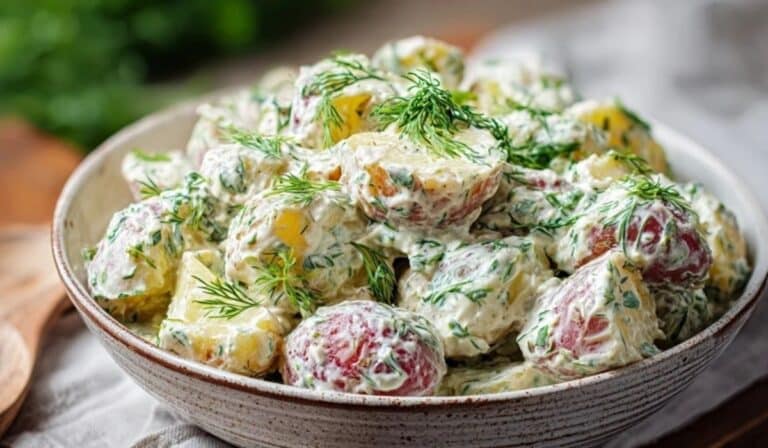 Creamy dill potato salad in a serving bowl with fresh dill on top