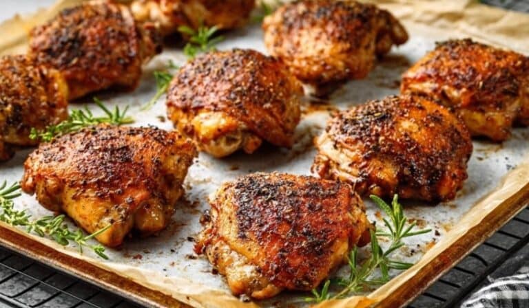 Crispy oven baked chicken thighs on a sheet pan with golden, crackly skin