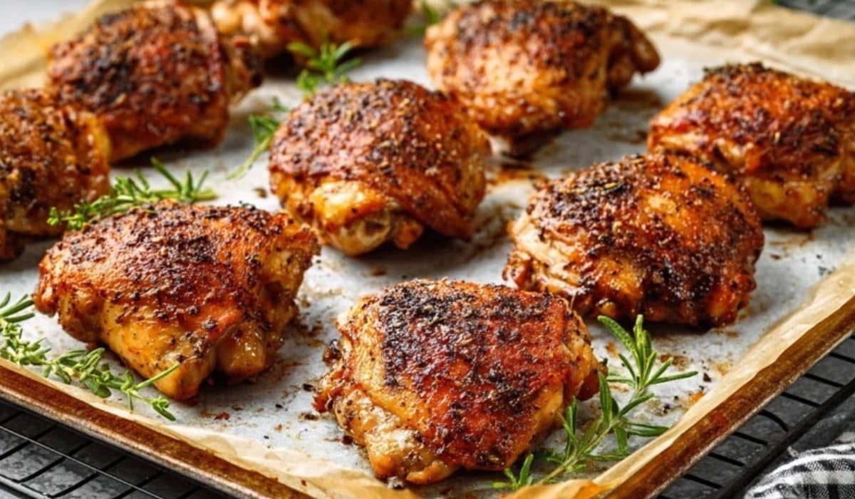 Crispy oven baked chicken thighs on a sheet pan with golden, crackly skin