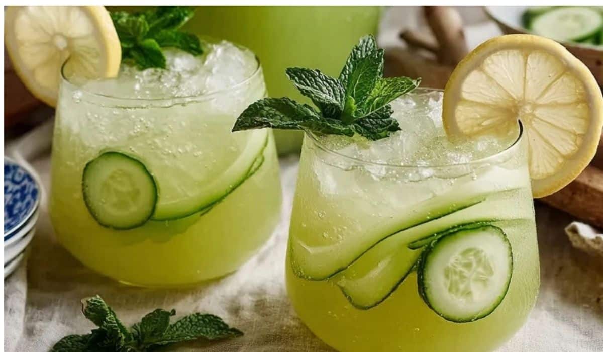 Cucumber mint lemonade in a pitcher with ice, lemon slices, and fresh mint